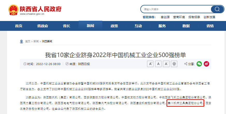 秦川集團(tuán)躋身中國(guó)機(jī)械工業(yè)企業(yè)500強(qiáng)、陜西百?gòu)?qiáng)企業(yè)榜單